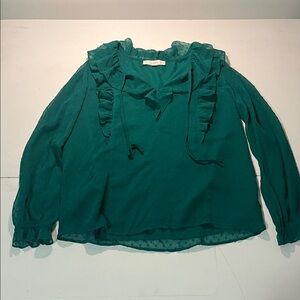 LOFT Green Ruffle Dot Blouse Women’s Medium Like New